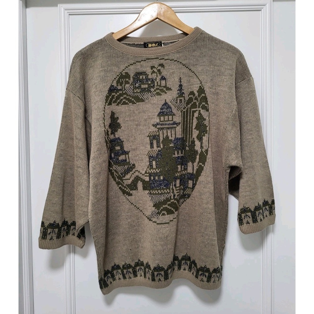 Vtg BOZ Collection Comfort 12 Castle Landscape Oversized Sweater Sz S
